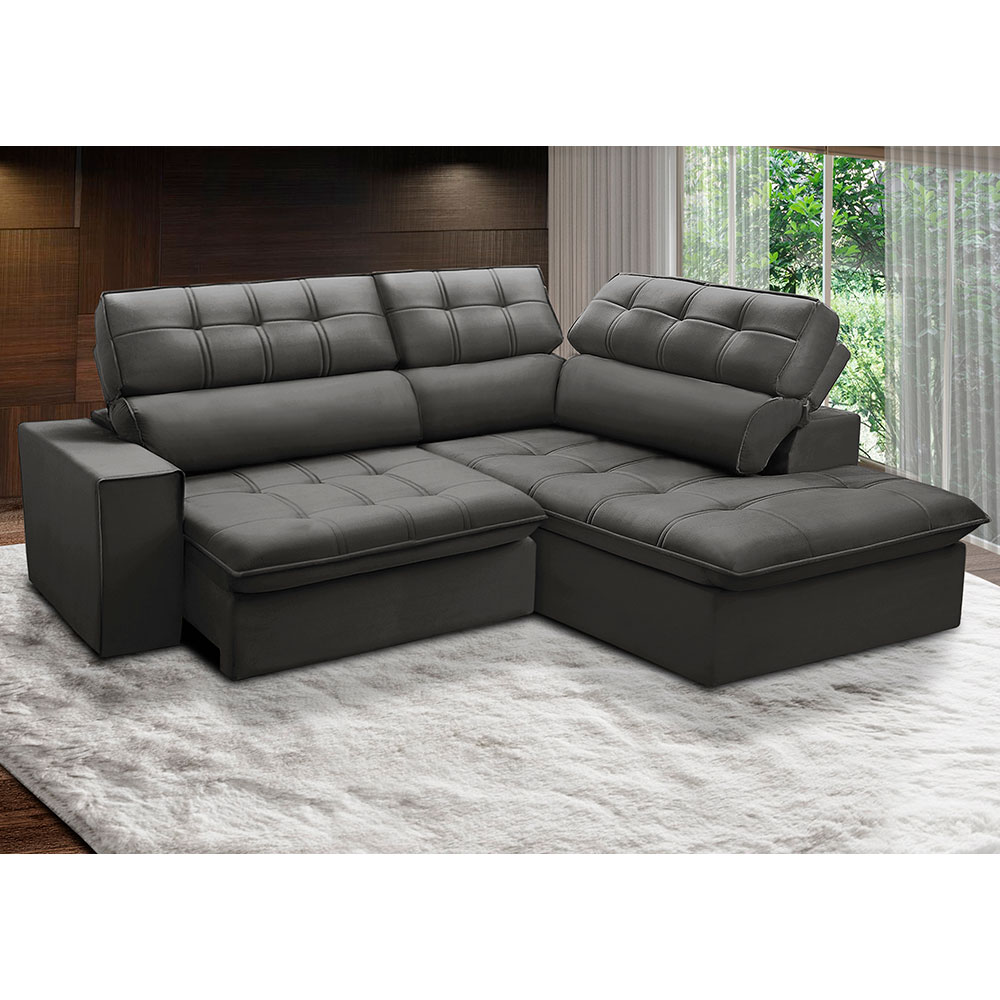Sofá 4 Lugares Retrátil e Reclinável Arezzo com Chaise Direito Veludo Chumbo