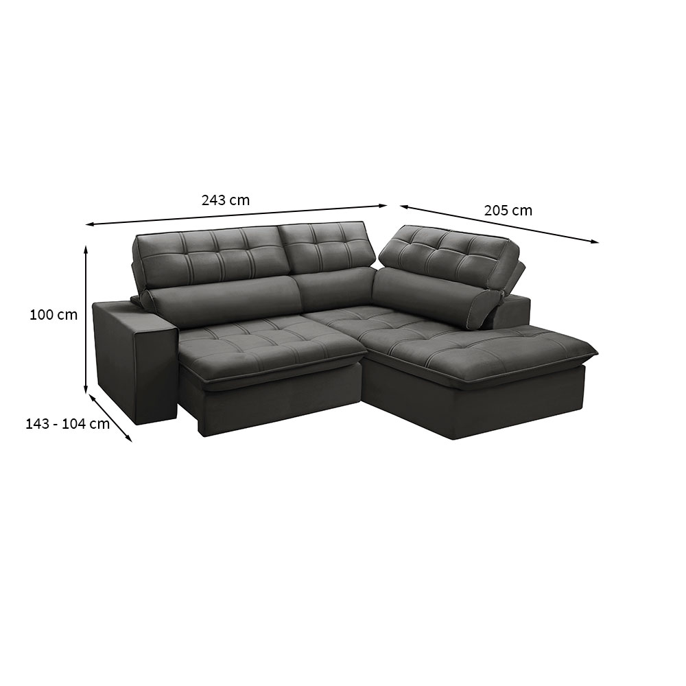 Sofá 4 Lugares Retrátil e Reclinável Arezzo com Chaise Direito Veludo Chumbo