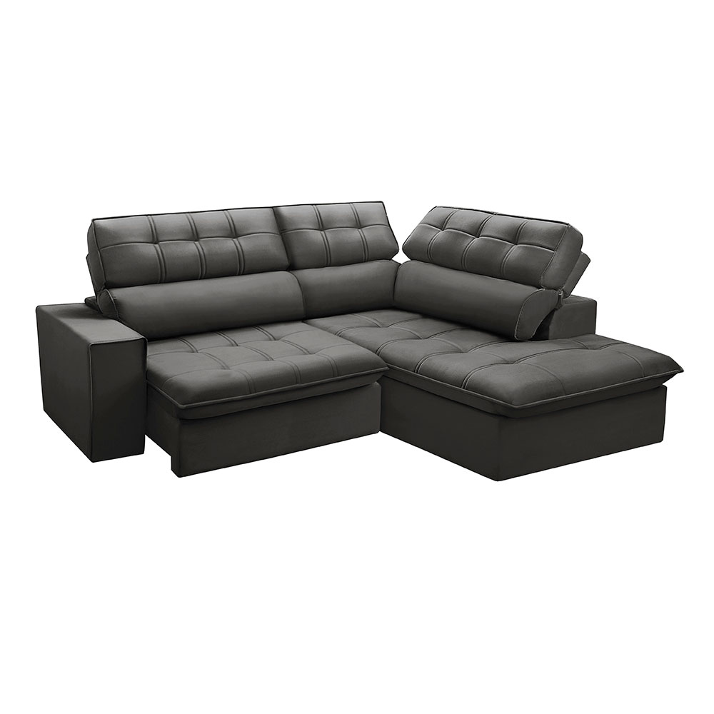 Sofá 4 Lugares Retrátil e Reclinável Arezzo com Chaise Direito Veludo Chumbo