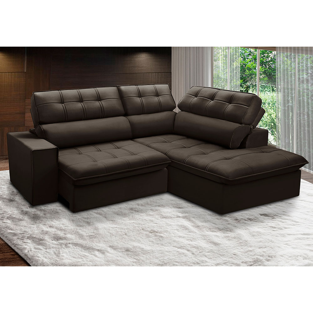 Sofá 4 Lugares Retrátil e Reclinável Arezzo com Chaise Direito Veludo Marrom