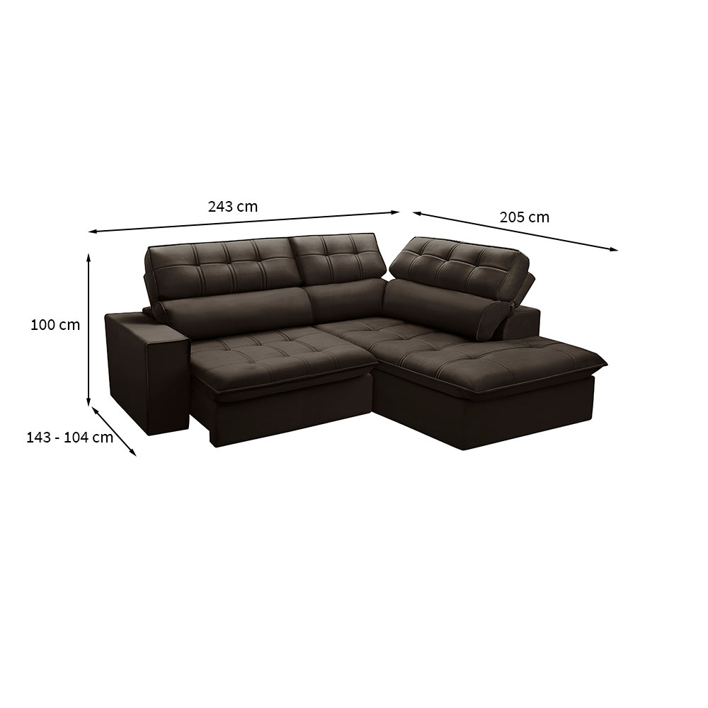 Sofá 4 Lugares Retrátil e Reclinável Arezzo com Chaise Direito Veludo Marrom
