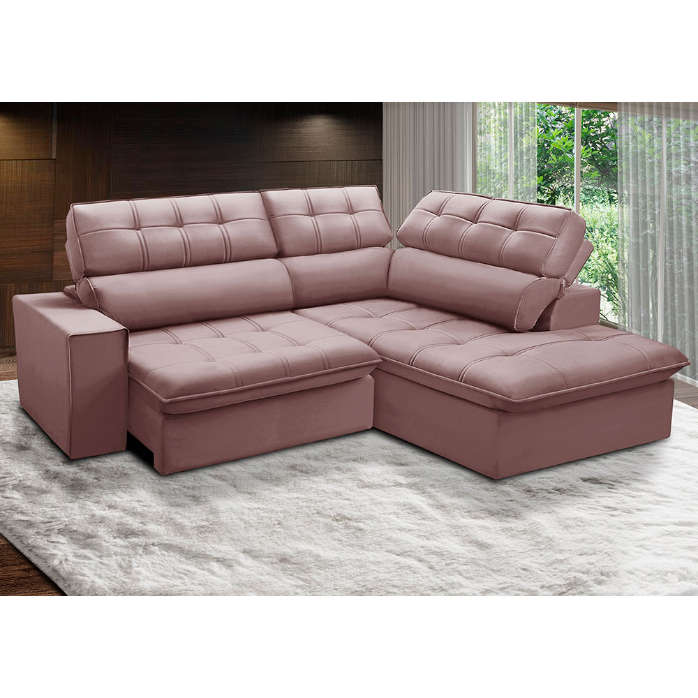 Sofá 4 Lugares Retrátil e Reclinável Arezzo com Chaise Direito Veludo Rosê