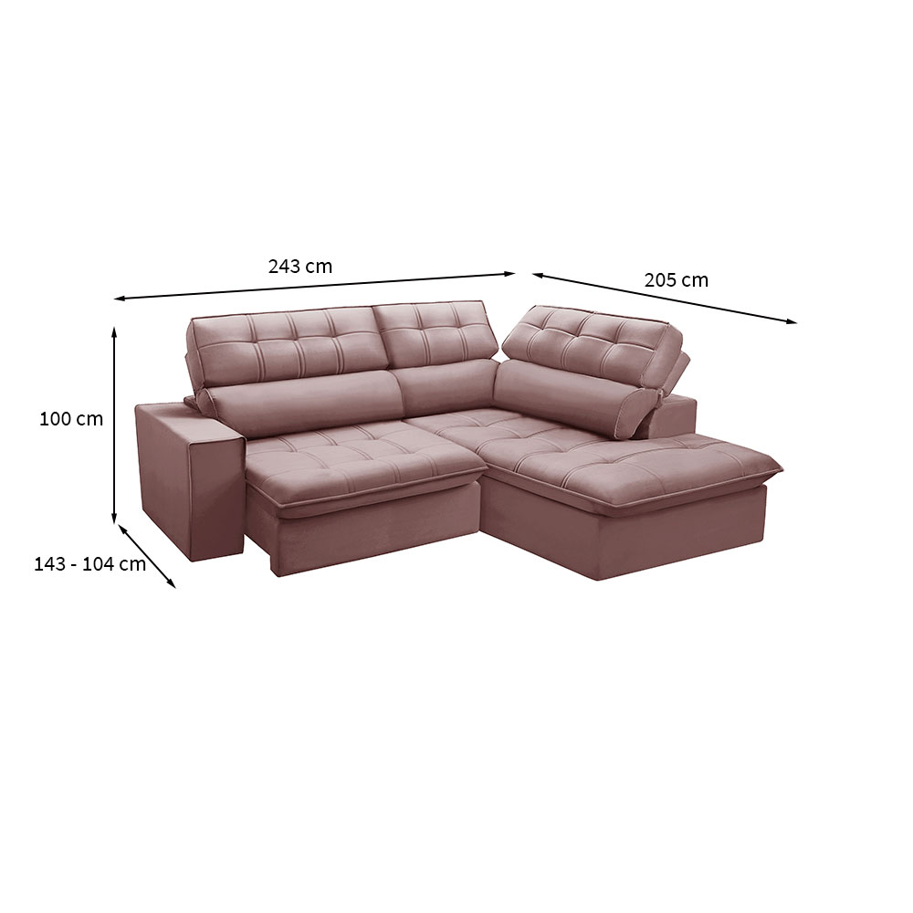 Sofá 4 Lugares Retrátil e Reclinável Arezzo com Chaise Direito Veludo Rosê