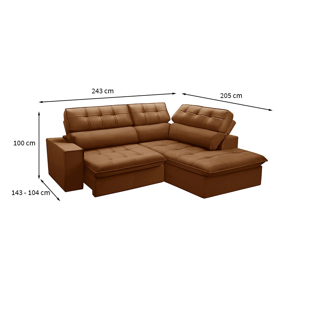 Sofá 4 Lugares Retrátil e Reclinável Arezzo com Chaise Direito Veludo Terracota