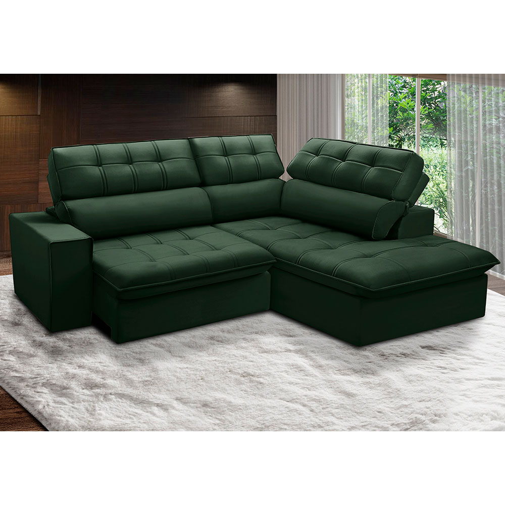 Sofá 4 Lugares Retrátil e Reclinável Arezzo com Chaise Direito Veludo Verde