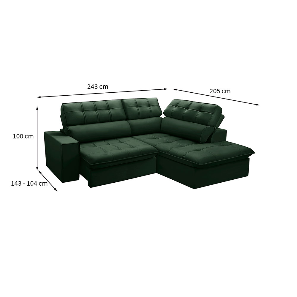 Sofá 4 Lugares Retrátil e Reclinável Arezzo com Chaise Direito Veludo Verde