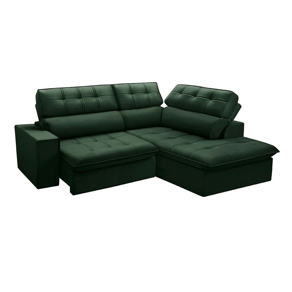 Sofá 4 Lugares Retrátil e Reclinável Arezzo com Chaise Direito Veludo Verde