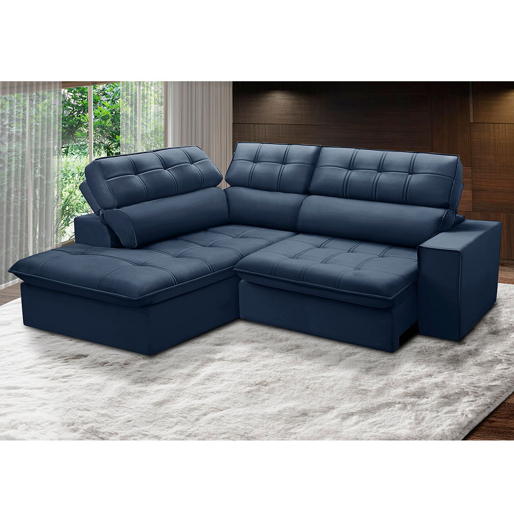 Sofá 4 Lugares Retrátil e Reclinável Arezzo com Chaise Esquerdo Veludo Azul