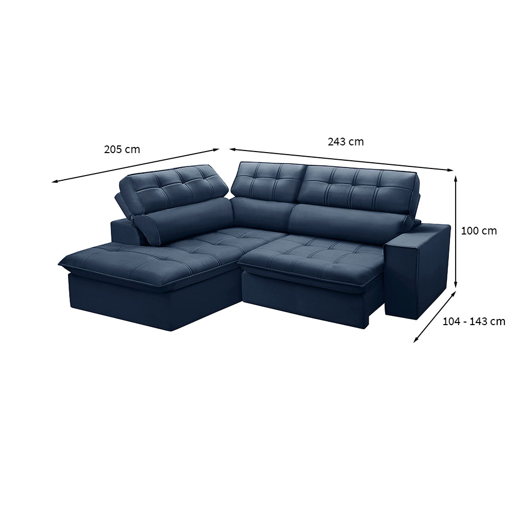 Sofá 4 Lugares Retrátil e Reclinável Arezzo com Chaise Esquerdo Veludo Azul