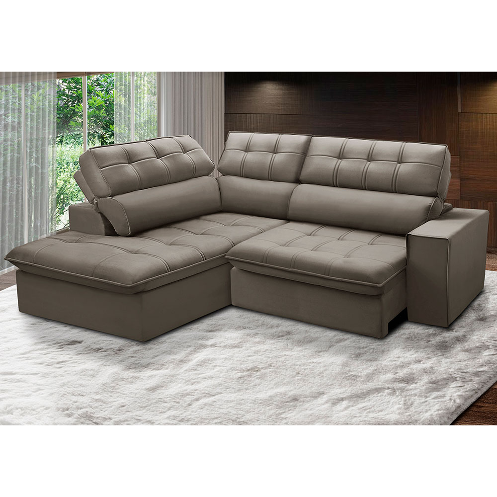 Sofá 4 Lugares Retrátil e Reclinável Arezzo com Chaise Esquerdo Veludo Castor