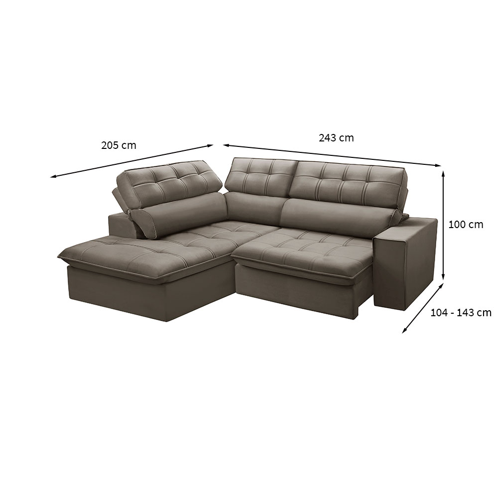 Sofá 4 Lugares Retrátil e Reclinável Arezzo com Chaise Esquerdo Veludo Castor