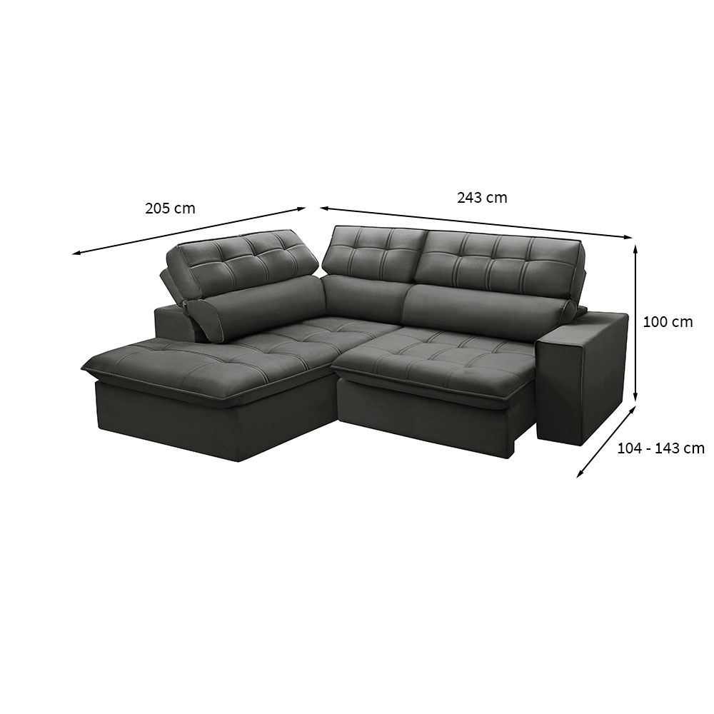 Sofá 4 Lugares Retrátil e Reclinável Arezzo com Chaise Esquerdo Veludo Chumbo
