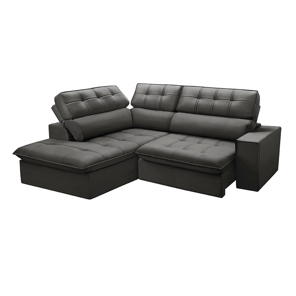Sofá 4 Lugares Retrátil e Reclinável Arezzo com Chaise Esquerdo Veludo Chumbo