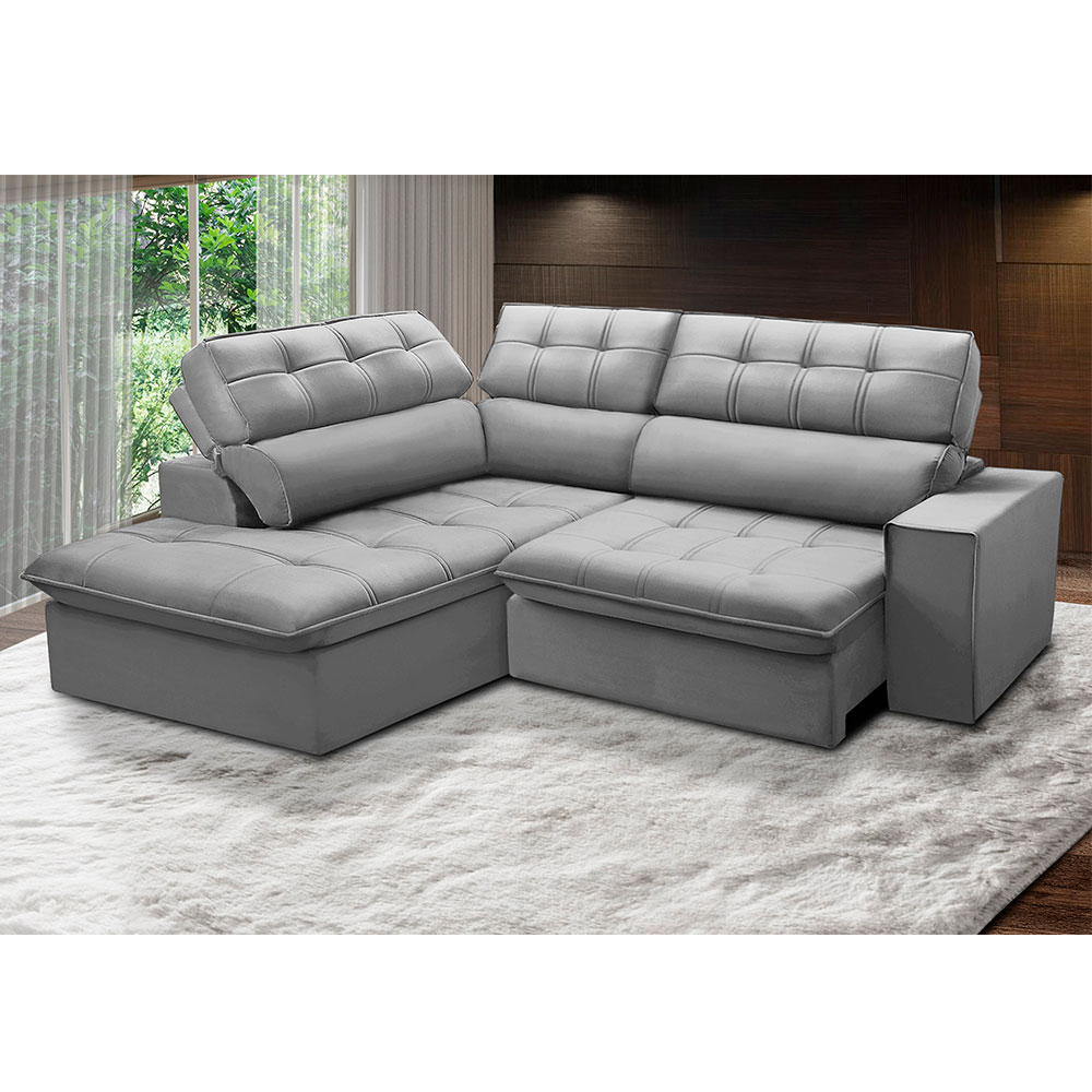 Sofá 4 Lugares Retrátil e Reclinável Arezzo com Chaise Esquerdo Veludo Prata