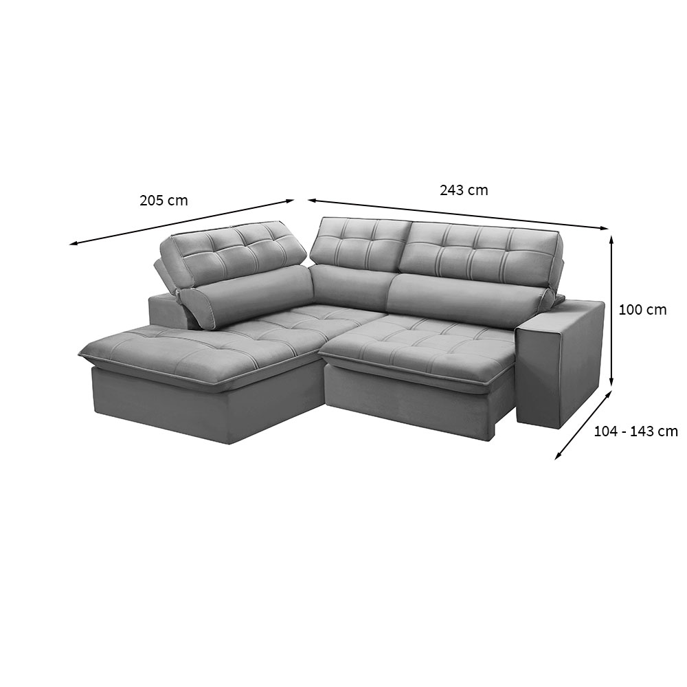 Sofá 4 Lugares Retrátil e Reclinável Arezzo com Chaise Esquerdo Veludo Prata