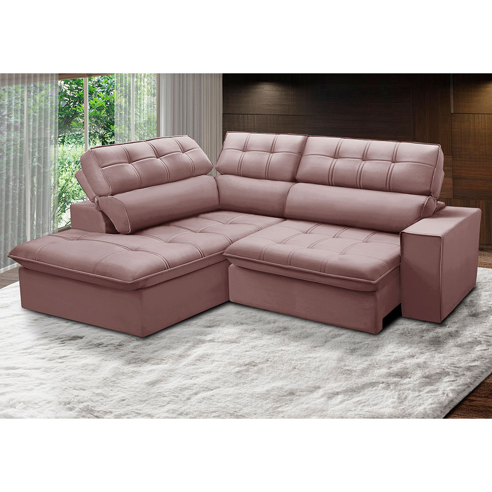 Sofá 4 Lugares Retrátil e Reclinável Arezzo com Chaise Esquerdo Veludo Rosê