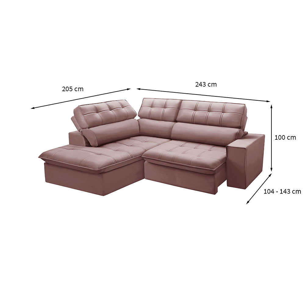 Sofá 4 Lugares Retrátil e Reclinável Arezzo com Chaise Esquerdo Veludo Rosê