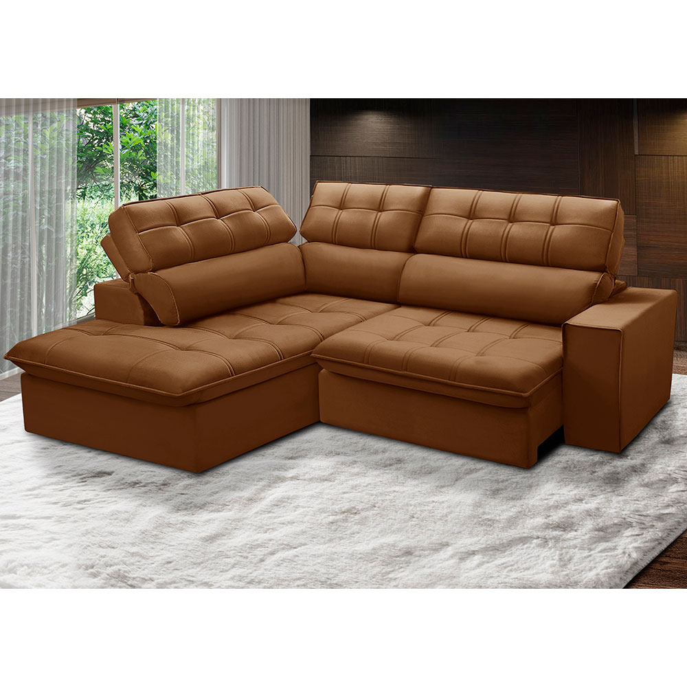Sofá 4 Lugares Retrátil e Reclinável Arezzo com Chaise Esquerdo Veludo Terracota