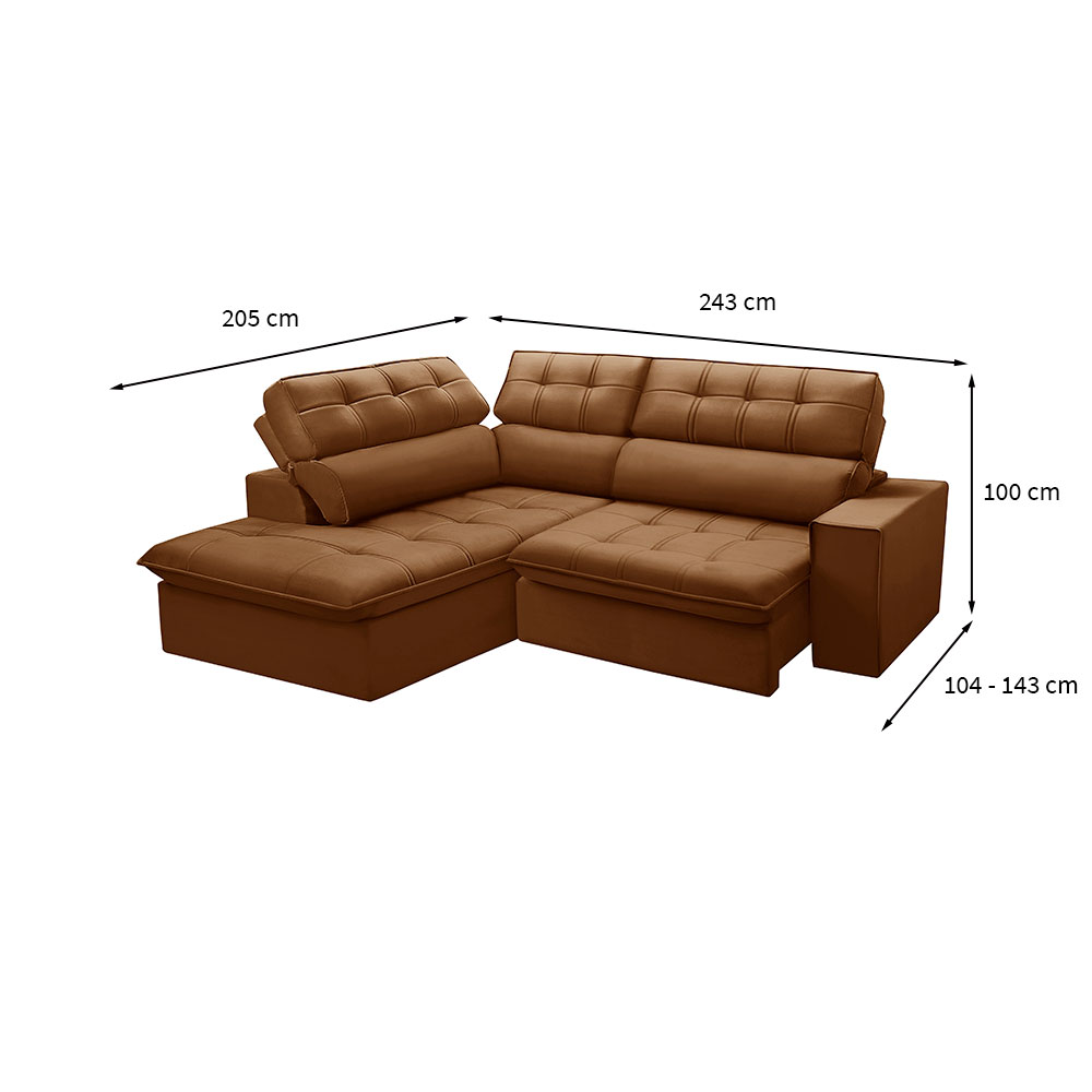 Sofá 4 Lugares Retrátil e Reclinável Arezzo com Chaise Esquerdo Veludo Terracota