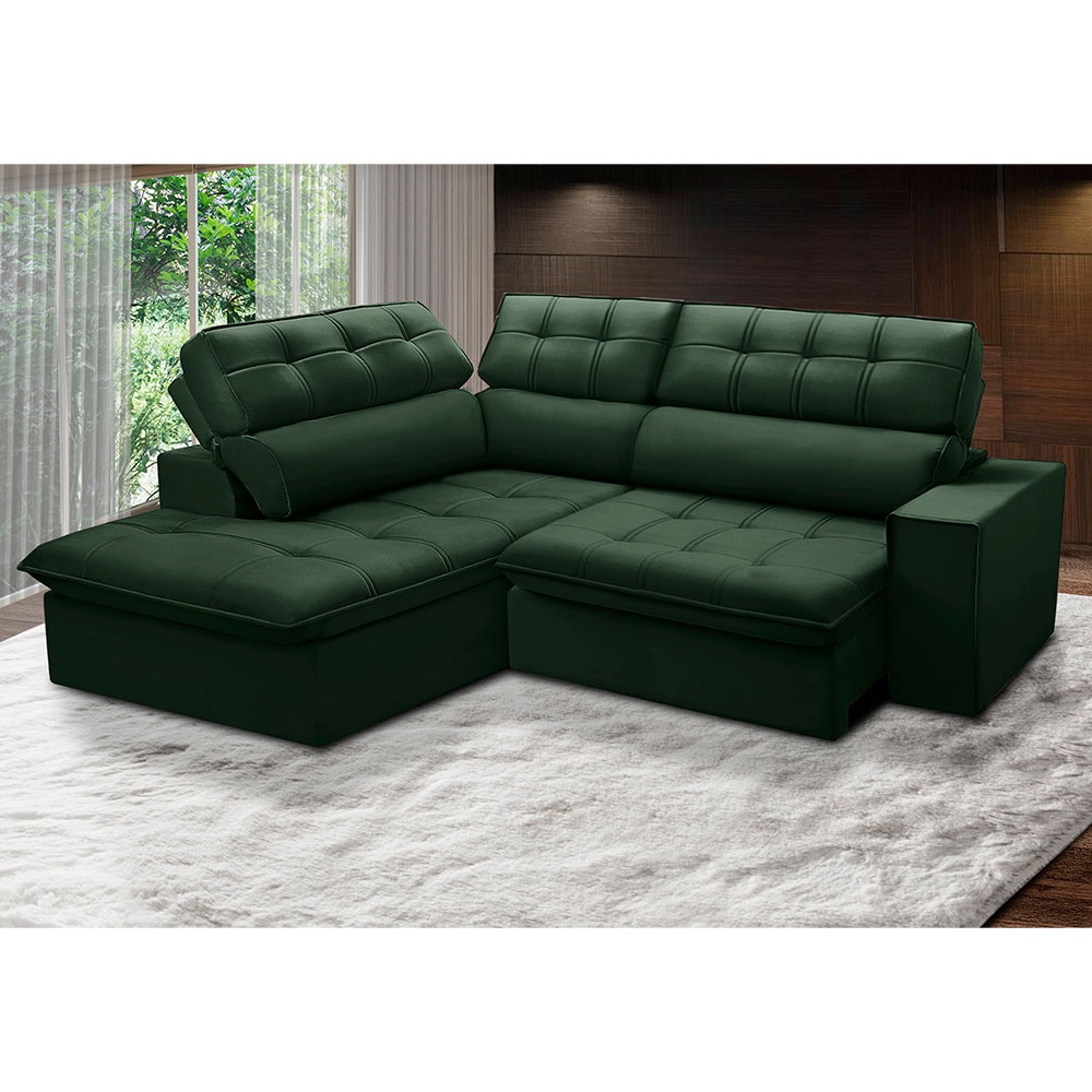 Sofá 4 Lugares Retrátil e Reclinável Arezzo com Chaise Esquerdo Veludo Verde
