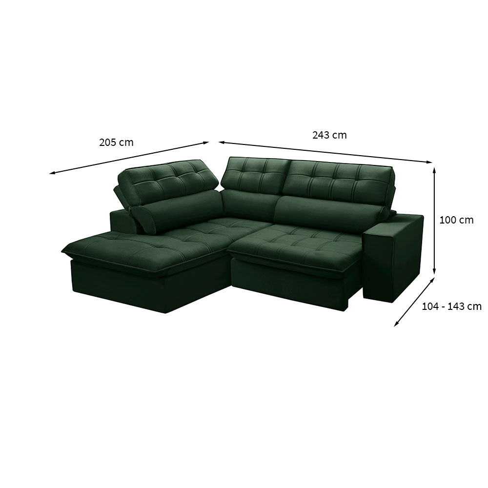 Sofá 4 Lugares Retrátil e Reclinável Arezzo com Chaise Esquerdo Veludo Verde