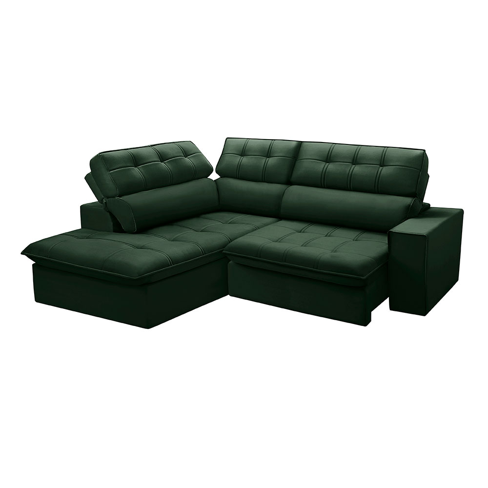 Sofá 4 Lugares Retrátil e Reclinável Arezzo com Chaise Esquerdo Veludo Verde