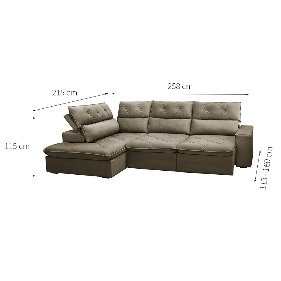 Sofá 4 Lugares Retrátil e Reclinável com Chaise Esquerdo Noruega Veludo Amêndoa
