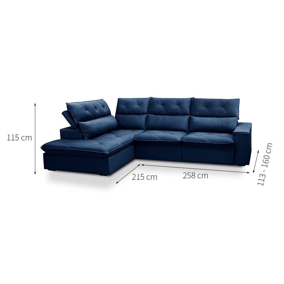 Sofá 4 Lugares Retrátil e Reclinável com Chaise Esquerdo Noruega Veludo Azul