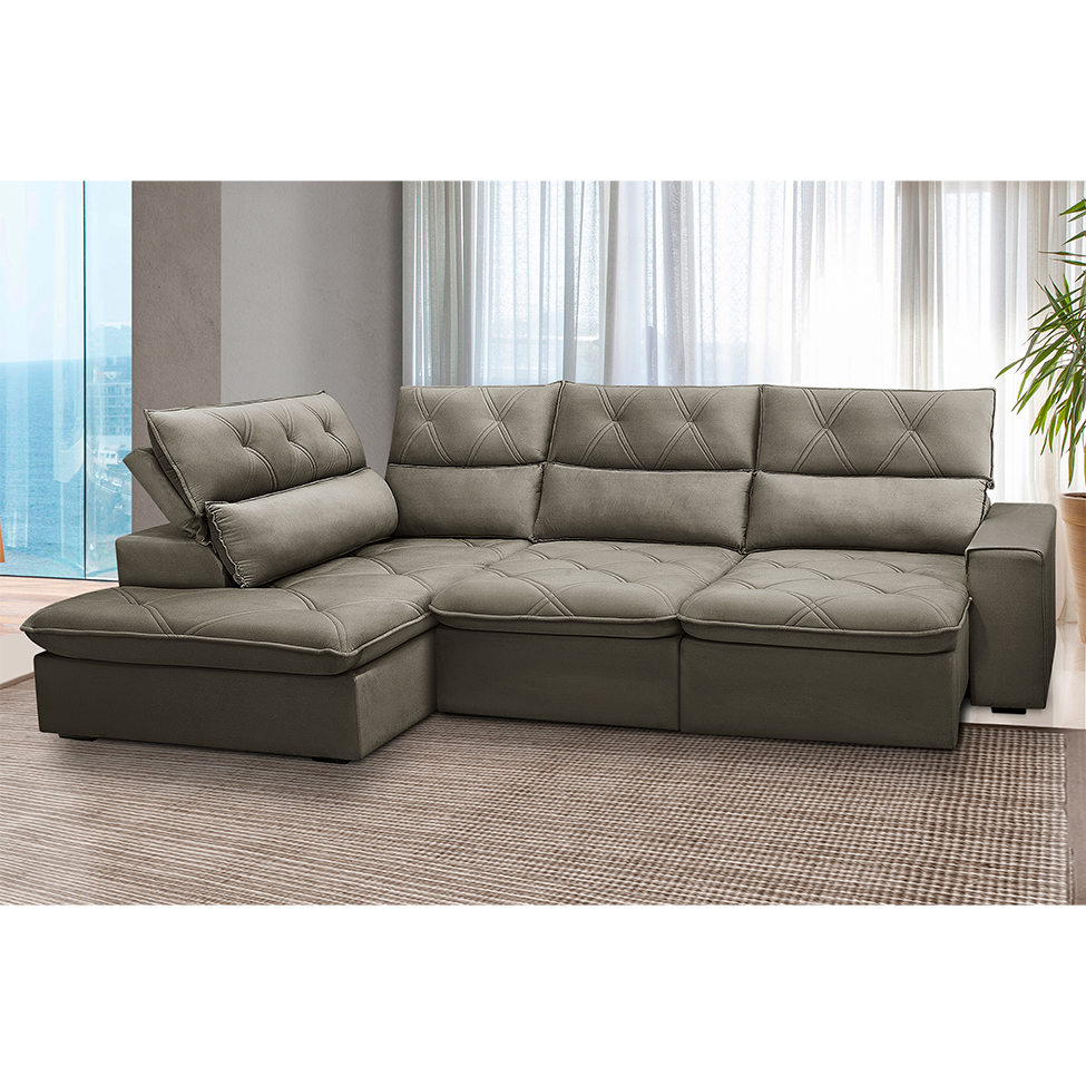Sofá 4 Lugares Retrátil e Reclinável com Chaise Esquerdo Noruega Veludo Castor