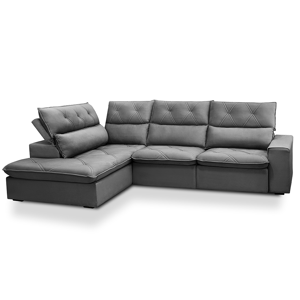 Sofá 4 Lugares Retrátil e Reclinável com Chaise Esquerdo Noruega Veludo Grafite