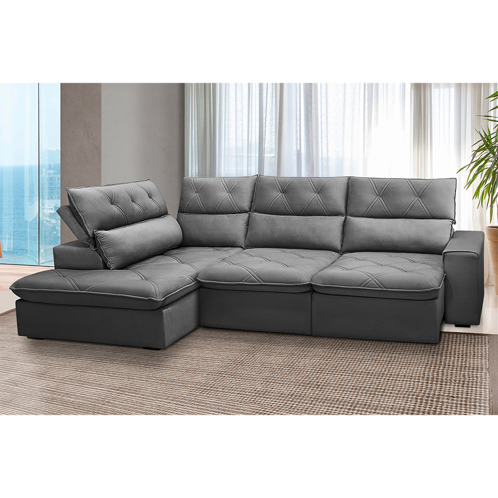 Sofá 4 Lugares Retrátil e Reclinável com Chaise Esquerdo Noruega Veludo Grafite