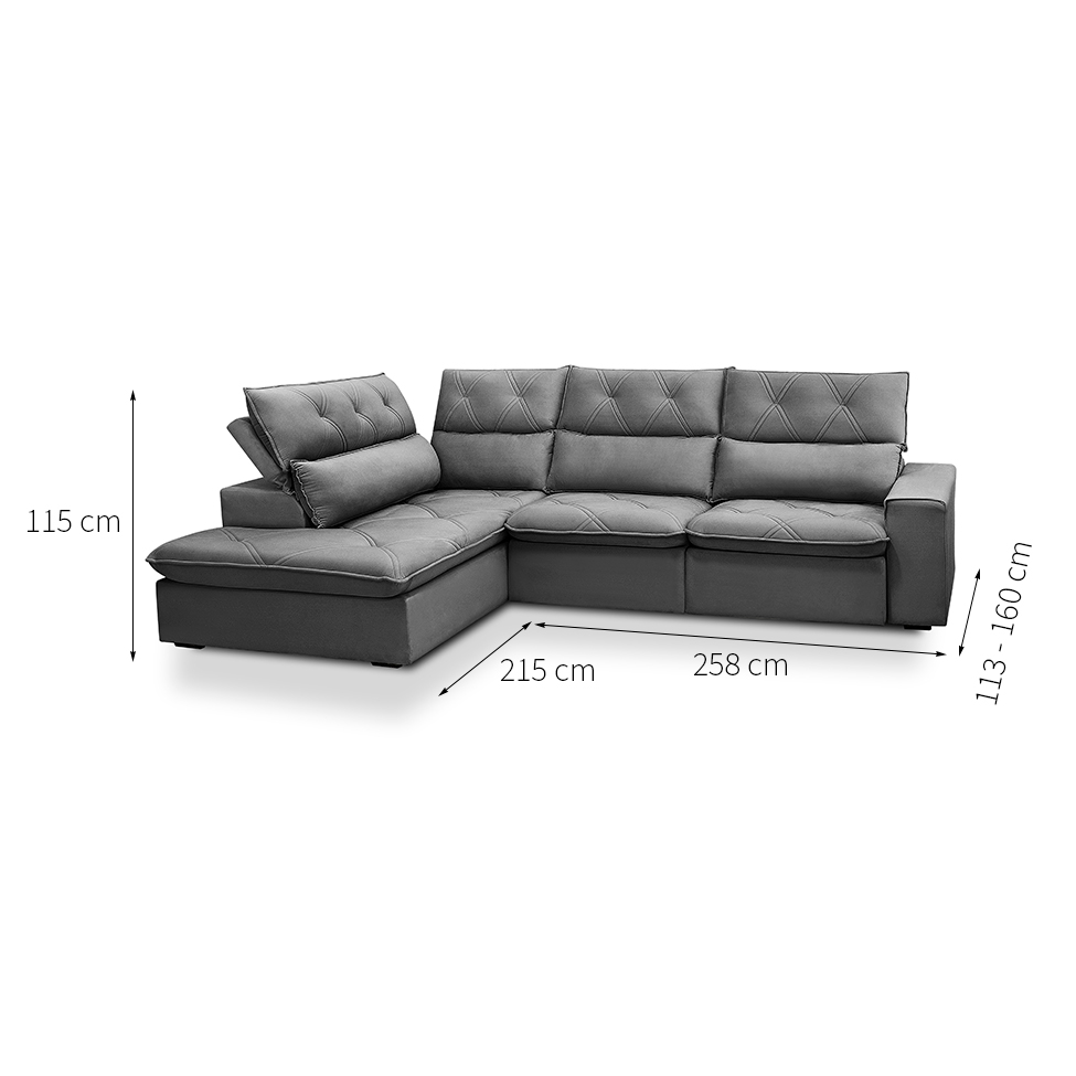 Sofá 4 Lugares Retrátil e Reclinável com Chaise Esquerdo Noruega Veludo Grafite