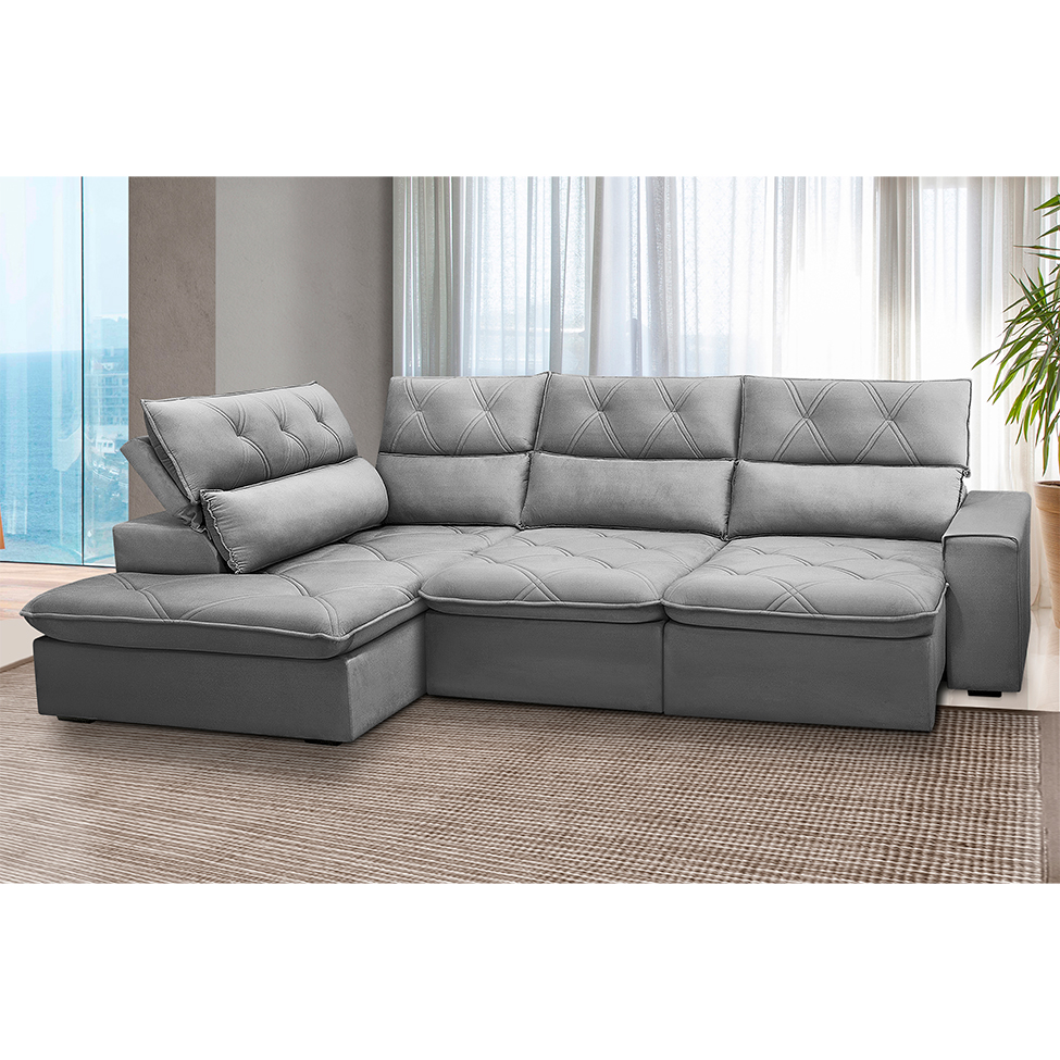 Sofá 4 Lugares Retrátil e Reclinável com Chaise Esquerdo Noruega Veludo Prata