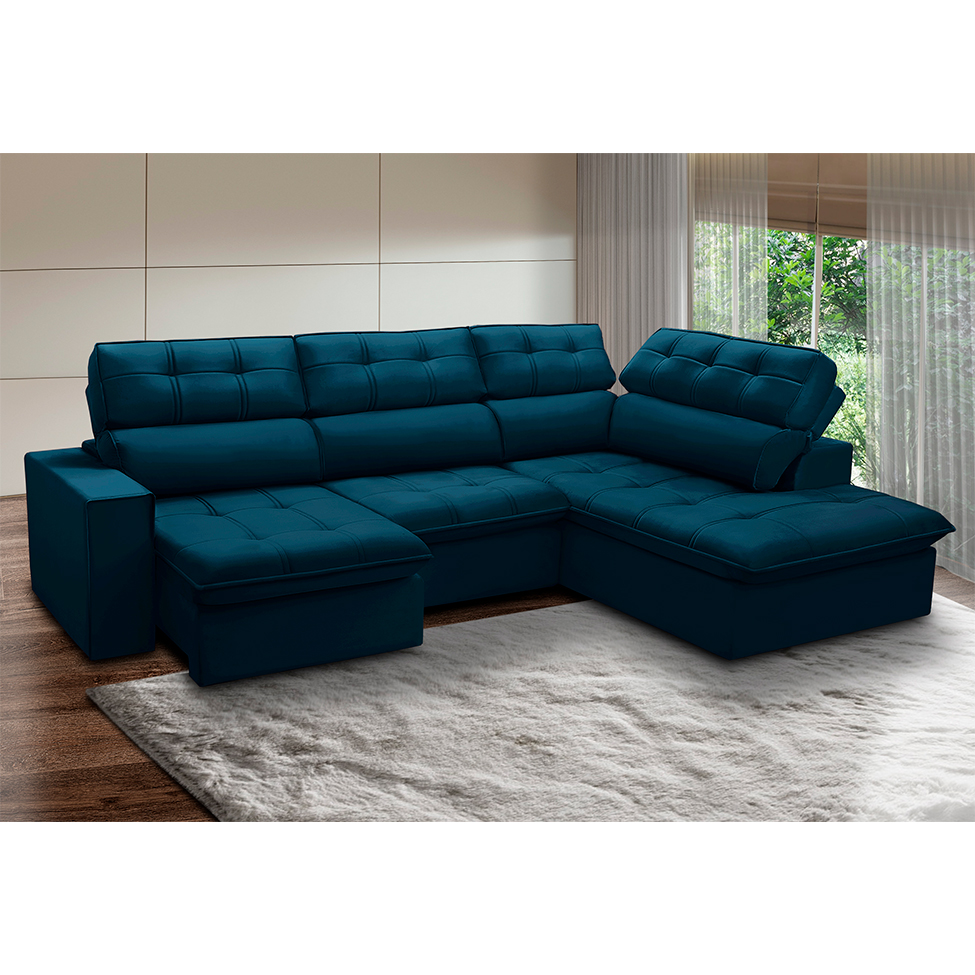 Sofá 5 Lugares Retrátil e Reclinável Arezzo com Chaise Direito Veludo Azul