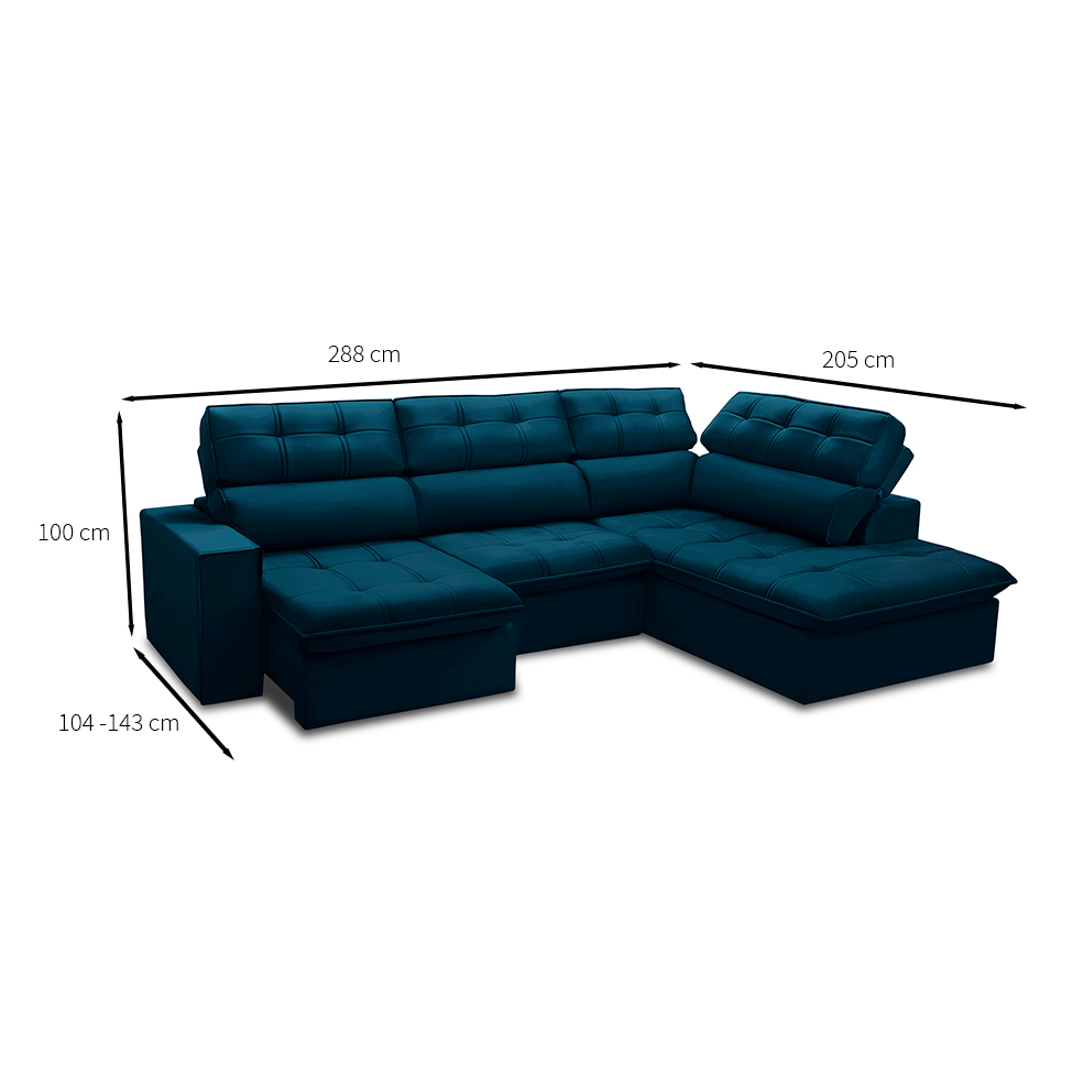 Sofá 5 Lugares Retrátil e Reclinável Arezzo com Chaise Direito Veludo Azul