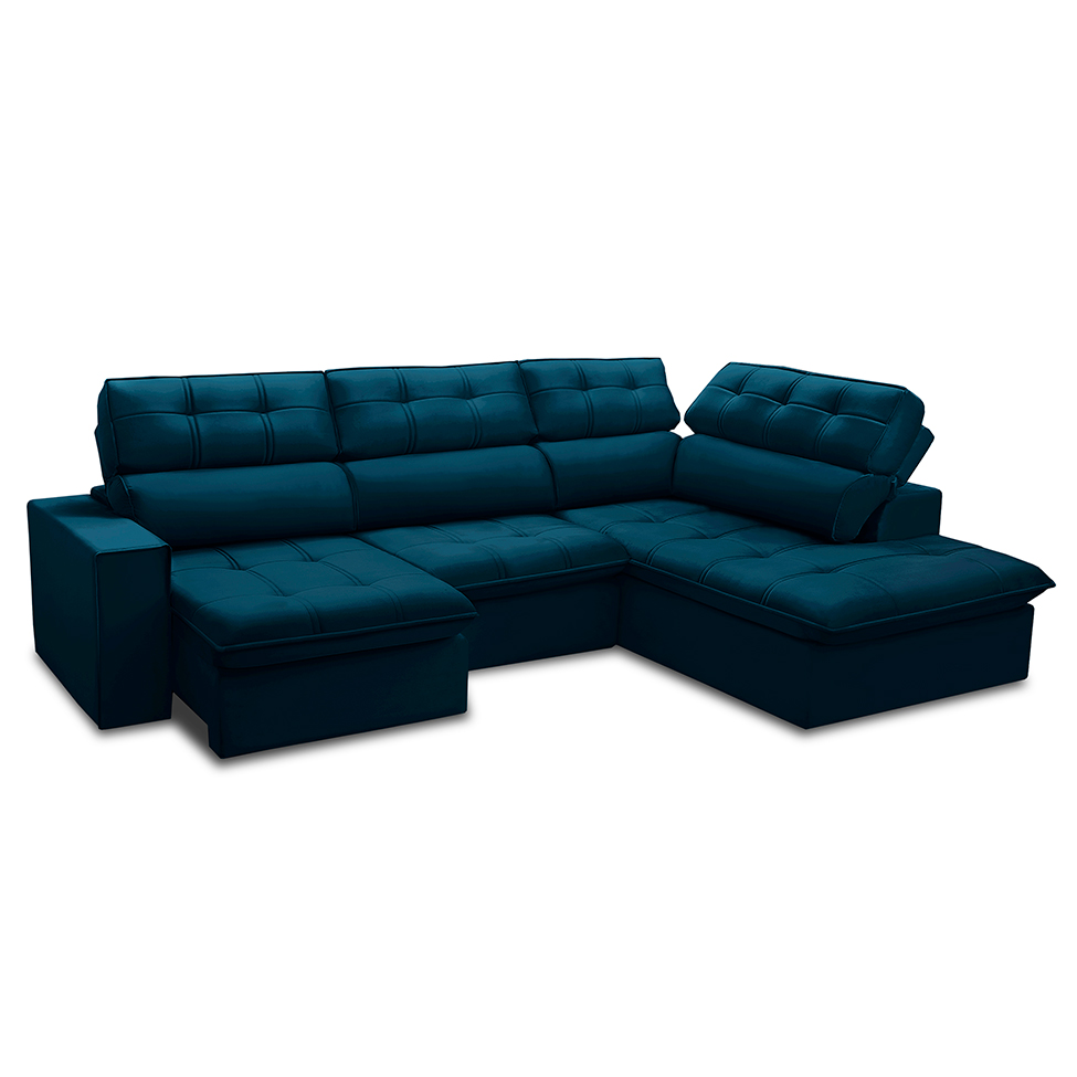 Sofá 5 Lugares Retrátil e Reclinável Arezzo com Chaise Direito Veludo Azul