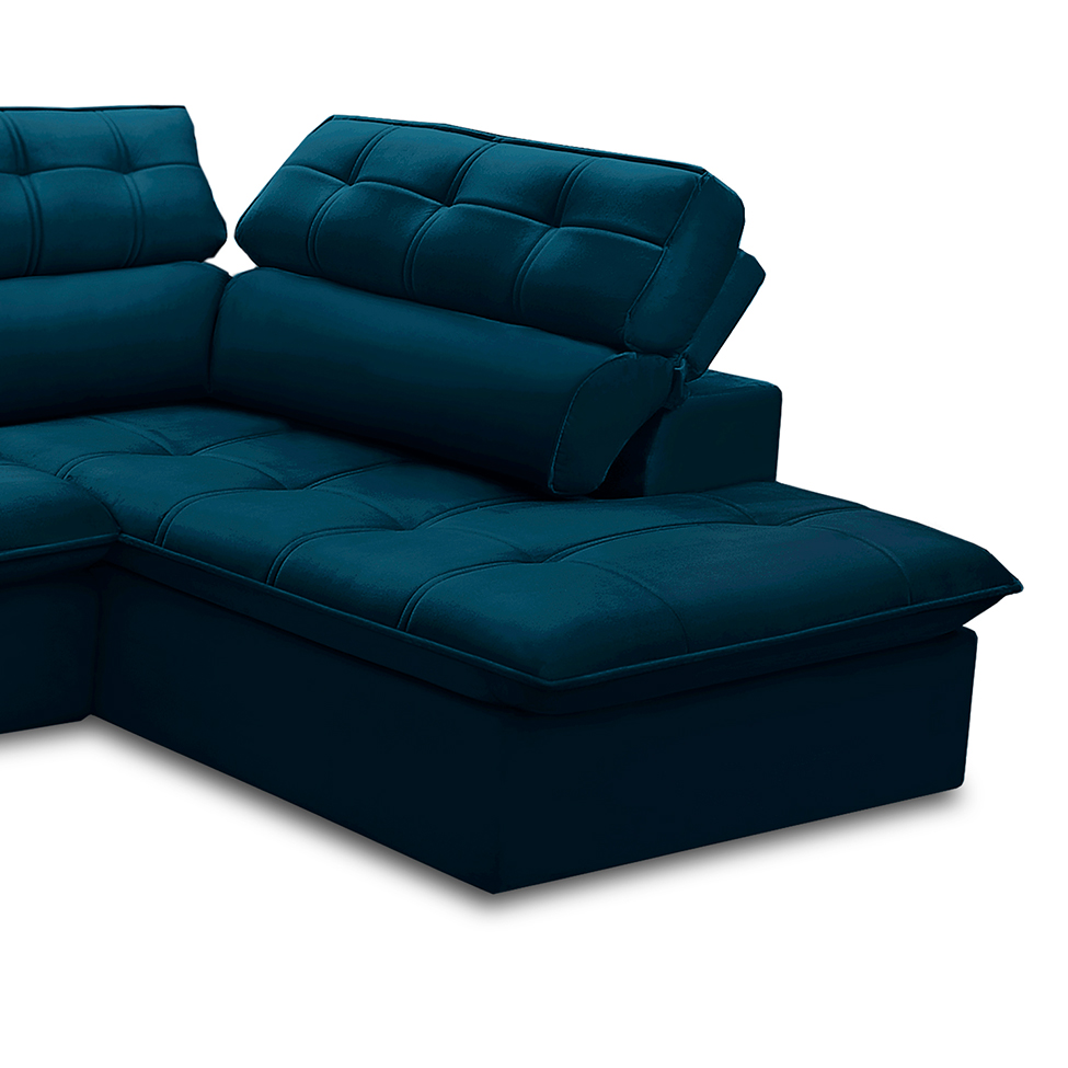 Sofá 5 Lugares Retrátil e Reclinável Arezzo com Chaise Direito Veludo Azul