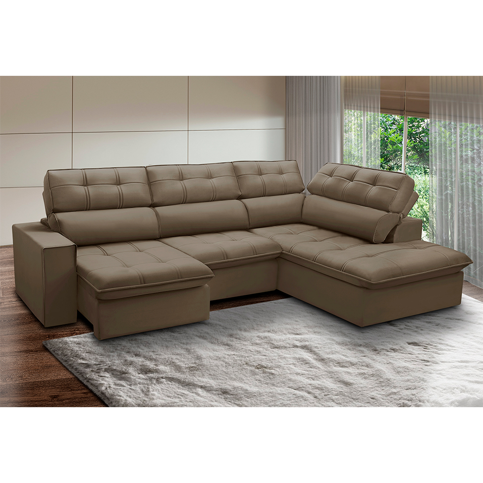 Sofá 5 Lugares Retrátil e Reclinável Arezzo com Chaise Direito Veludo Castor