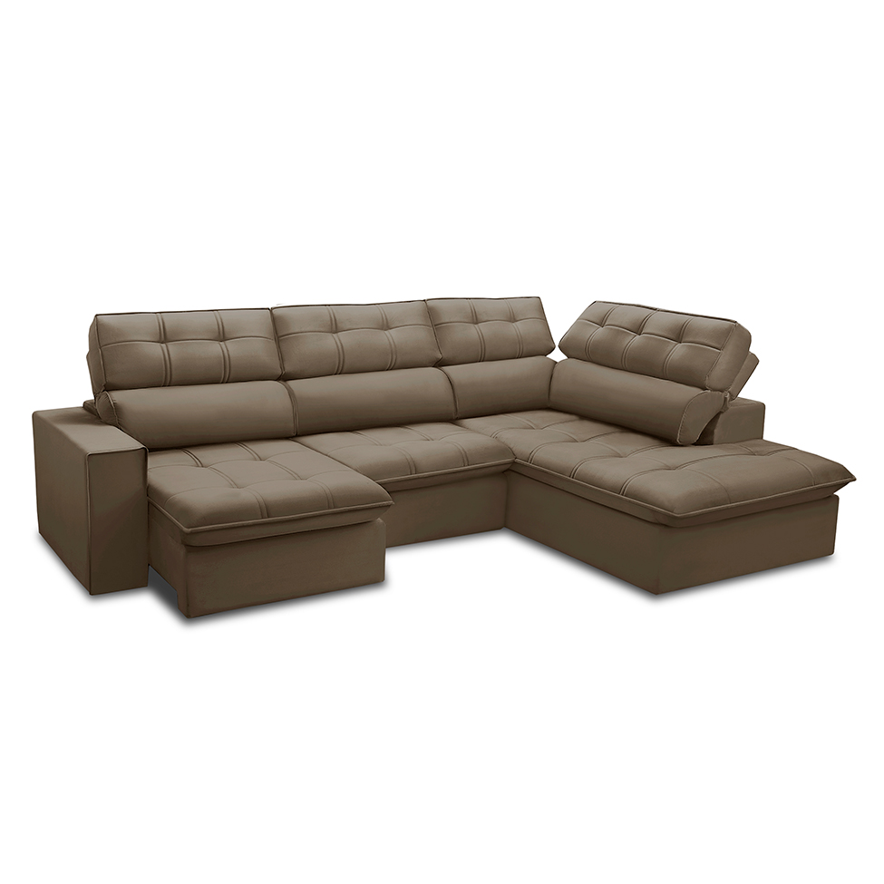 Sofá 5 Lugares Retrátil e Reclinável Arezzo com Chaise Direito Veludo Castor