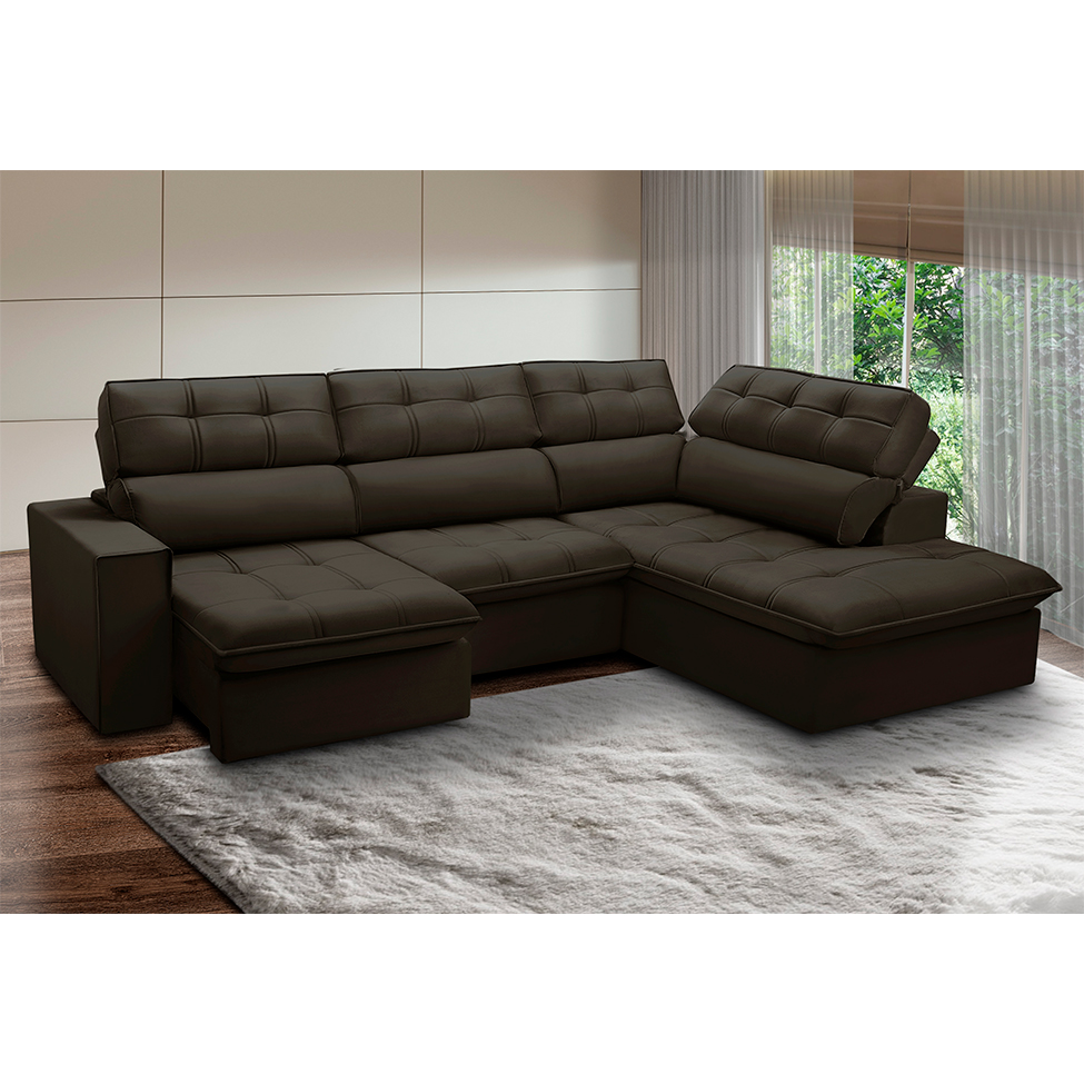 Sofá 5 Lugares Retrátil e Reclinável Arezzo com Chaise Direito Veludo Marrom