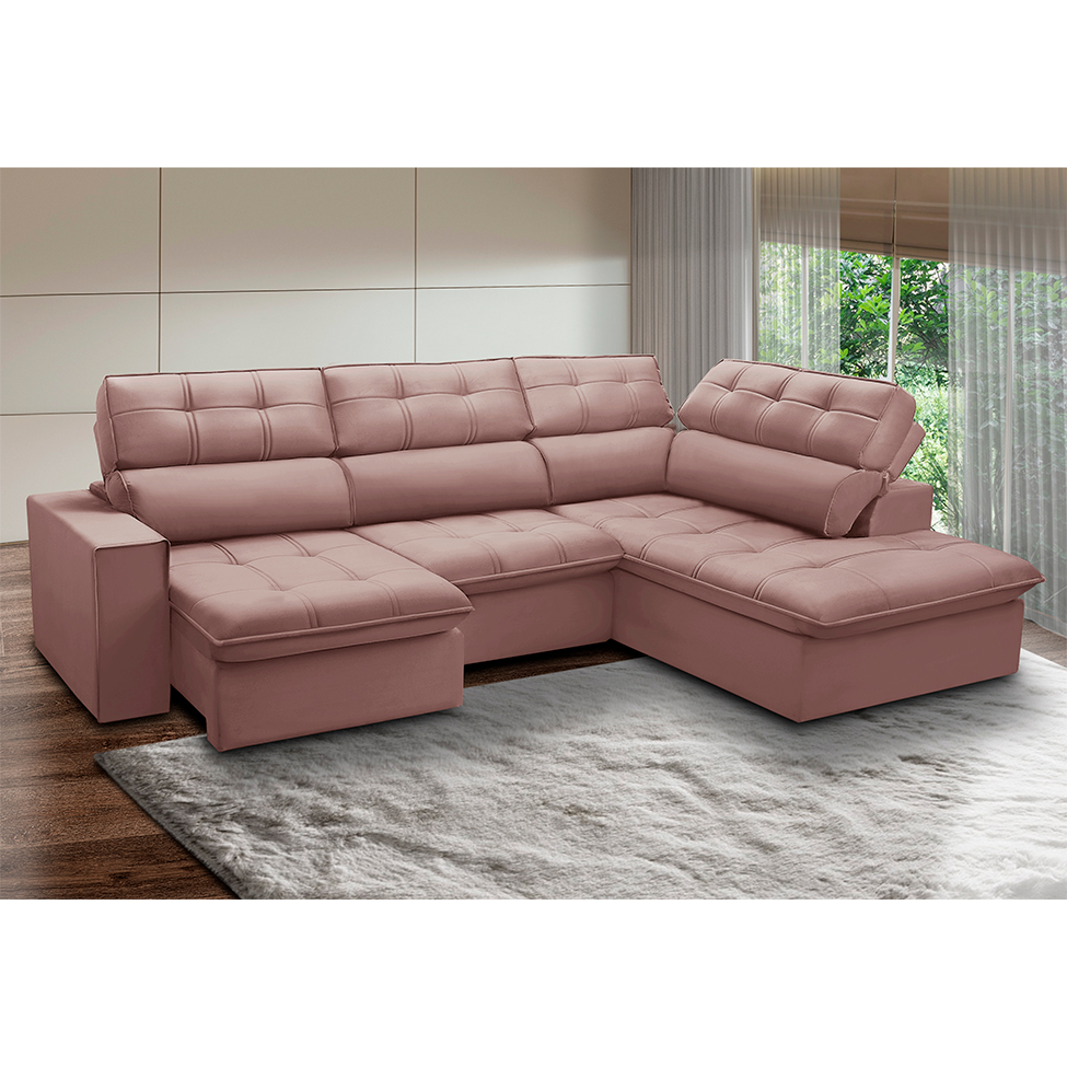 Sofá 5 Lugares Retrátil e Reclinável Arezzo com Chaise Direito Veludo Rosê