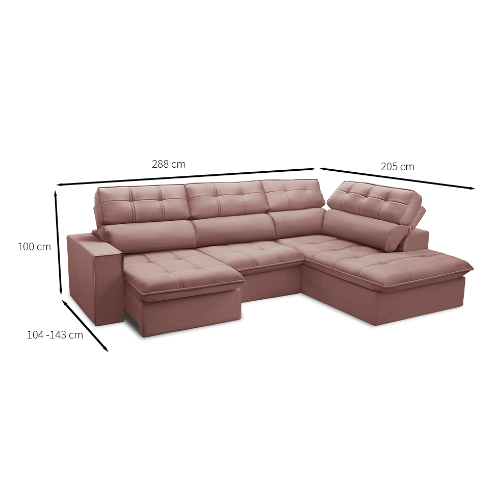 Sofá 5 Lugares Retrátil e Reclinável Arezzo com Chaise Direito Veludo Rosê