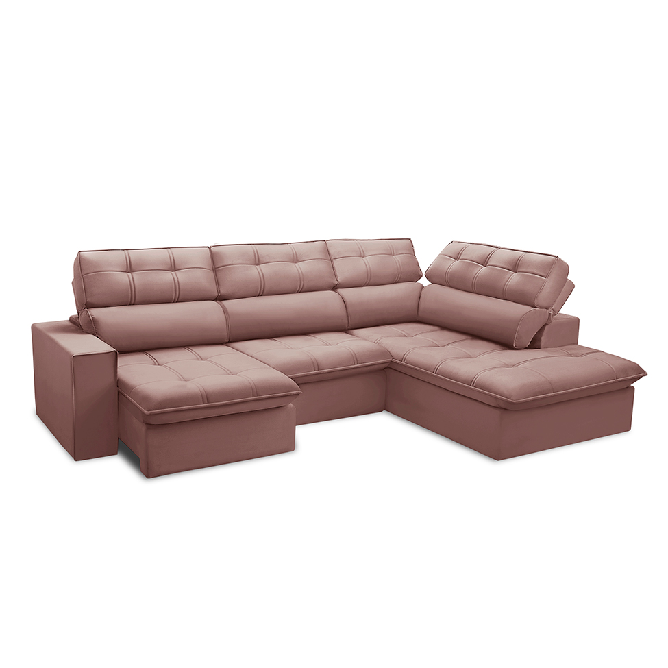 Sofá 5 Lugares Retrátil e Reclinável Arezzo com Chaise Direito Veludo Rosê