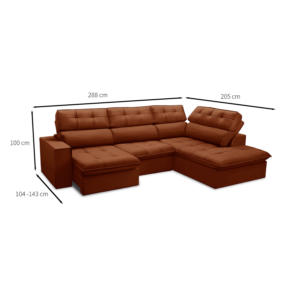Sofá 5 Lugares Retrátil e Reclinável Arezzo com Chaise Direito Veludo Terracota