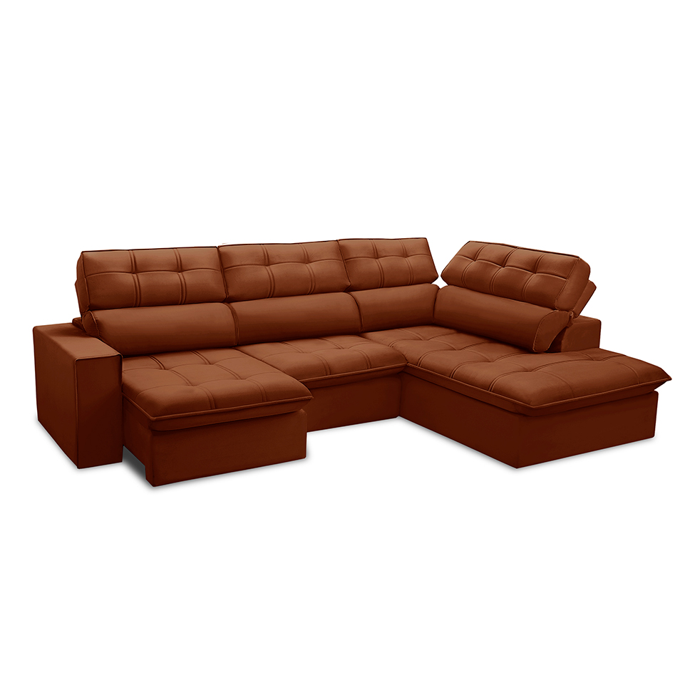 Sofá 5 Lugares Retrátil e Reclinável Arezzo com Chaise Direito Veludo Terracota