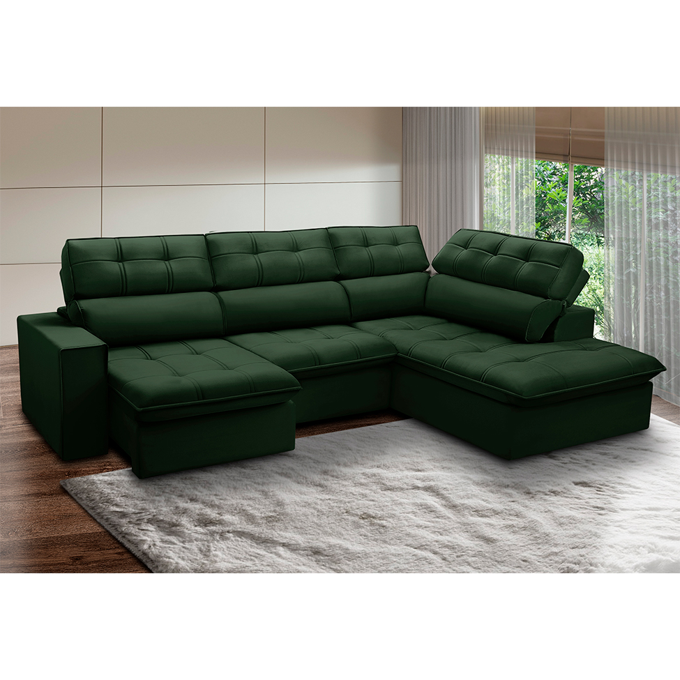 Sofá 5 Lugares Retrátil e Reclinável Arezzo com Chaise Direito Veludo Verde