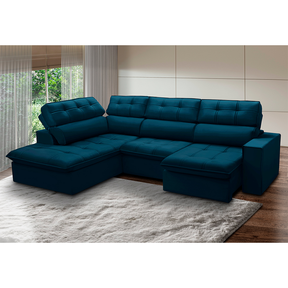 Sofá 5 Lugares Retrátil e Reclinável Arezzo com Chaise Esquerdo Veludo Azul