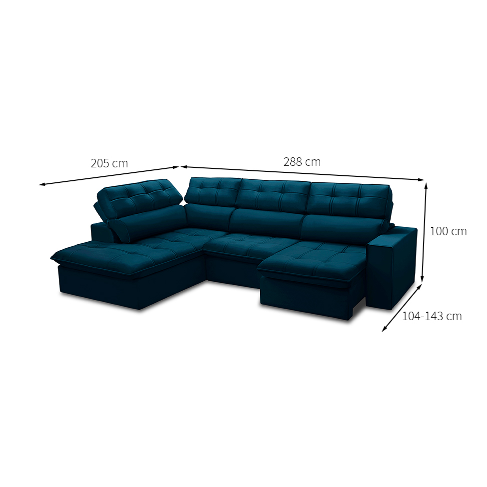 Sofá 5 Lugares Retrátil e Reclinável Arezzo com Chaise Esquerdo Veludo Azul