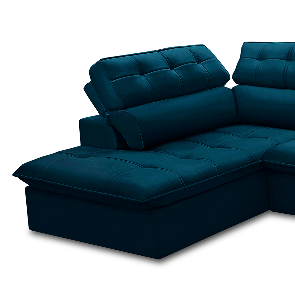 Sofá 5 Lugares Retrátil e Reclinável Arezzo com Chaise Esquerdo Veludo Azul