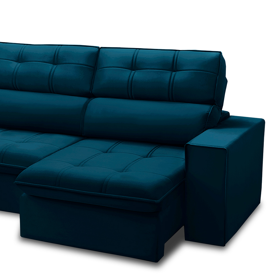 Sofá 5 Lugares Retrátil e Reclinável Arezzo com Chaise Esquerdo Veludo Azul